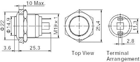 Vandálbiztos nyomógomb 19 mm, 2A/48VDC, nikkel, Tru Components 701941 3. kép