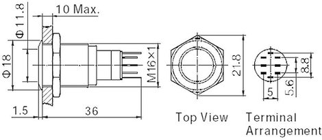 Vandálbiztos nyomógomb, 16 mm, 250V/AC, 3A, LAS2GQF-11/S/P 2. kép