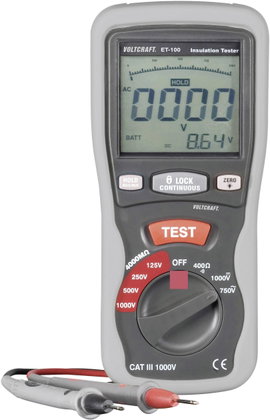 Szigetelésmérő műszer, 125 V, 250 V, 500 V, 1000 V, 400 MΩ, Voltcraft ET-100