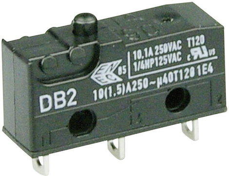 Cherry szubminiatűr karos mikrokapcsoló, 250V/AC, 1 váltó, forrasztós, DB2C-A1AA