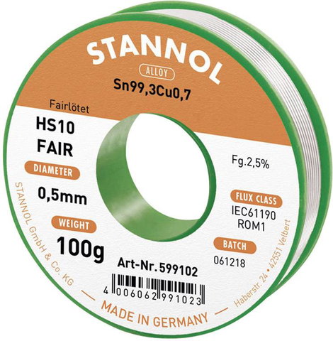 Forrasztóón Tekercs Stannol HS10-Fair Sn99.3Cu0.7 100 g 0.5 mm