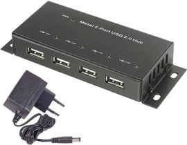 4 portos USB 2.0 hub, fém ház, falra szerelhető, fekete, Renkforce 1610328