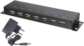 7 port USB 2.0 hub, fém ház, falra szerelhető, fekete, Renkforce