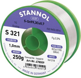 Ólommentes forrasztóón 2% 1 mm SN99,3CU0,7 CD 250 g Stannol S321