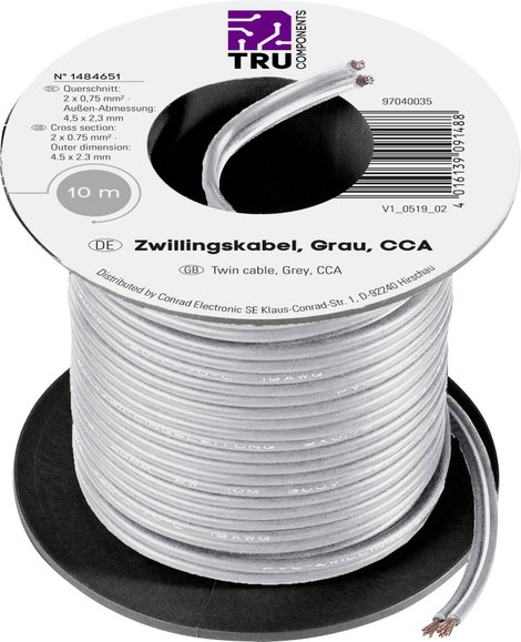 Litze huzal 2 x 0,75 mm², szürke, TRU COMPONENTS 93030c503 10 m