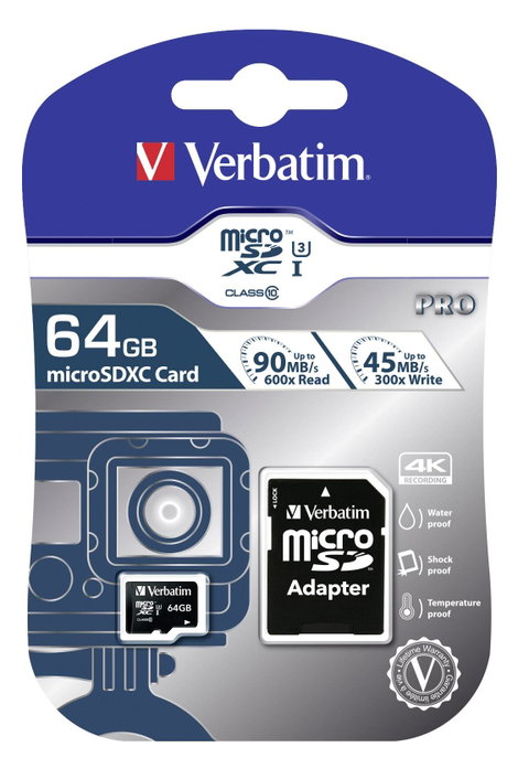 mikro SDXC kártya 64 GB Verbatim PRO Class 10, UHS-I, UHS-Class 3 SD adapterrel 2. kép