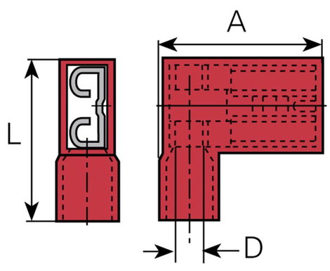 Lapos csúszósaru hüvely 4,8 x 0,5 mm 90°, szigetelt, piros, Vogt Verbindungstechnik 392305S 2. kép