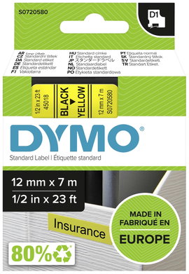 DYMO feliratozószalag D1, 12mm, sárga/fekete, S0720730