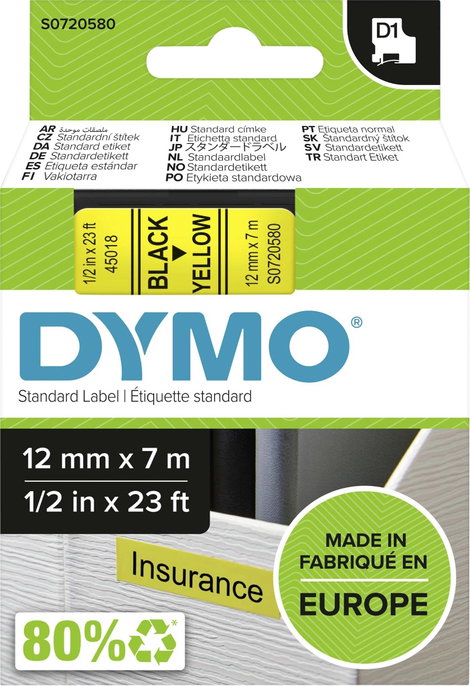 DYMO feliratozószalag D1, 12mm, sárga/fekete, S0720730 2. kép