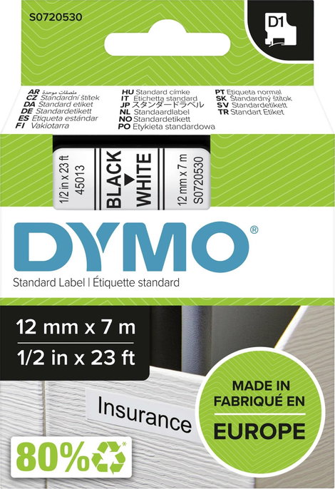 DYMO feliratozószalag D1, 12mm, fehér/fekete, S0720530 2. kép