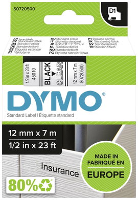DYMO feliratozószalag D1, 12mm, átlátszó/fekete, S0720500