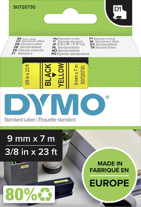 DYMO feliratozószalag D1, 9mm, sárga/fekete, S0720730 2. kép