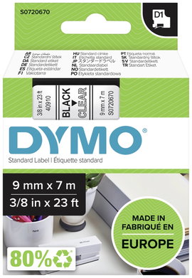 DYMO feliratozószalag D1, 9mm, átlátszó/fekete, S0720670
