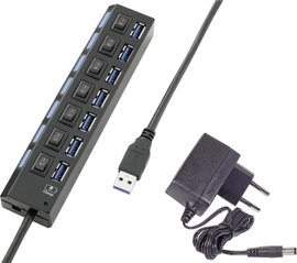 7 portos USB 3.0 hub, külön kapcsolható, státusz LED, iPad töltőcsatlakozó, fekete, Renkforce
