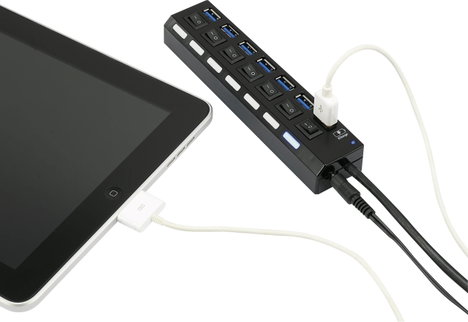 7 portos USB 3.0 hub, külön kapcsolható, státusz LED, iPad töltőcsatlakozó, fekete, Renkforce 2. kép