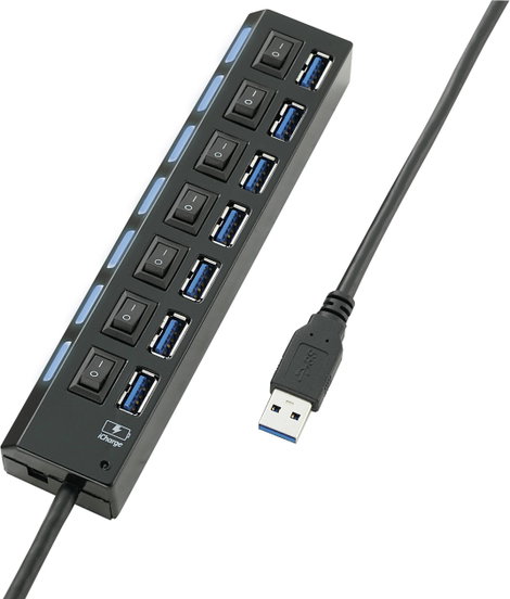 7 portos USB 3.0 hub, külön kapcsolható, státusz LED, iPad töltőcsatlakozó, fekete, Renkforce 3. kép
