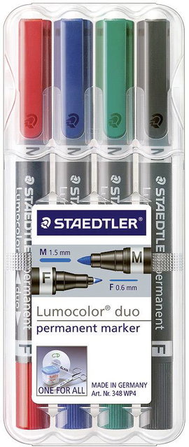 Staedtler Lumocolor duo 348 WP4 Permanent marker Piros, Kék, Zöld, Fekete Vízálló: Igen