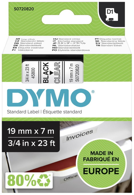 DYMO feliratozószalag D1, 19mm, átlátszó/fekete, S0720820