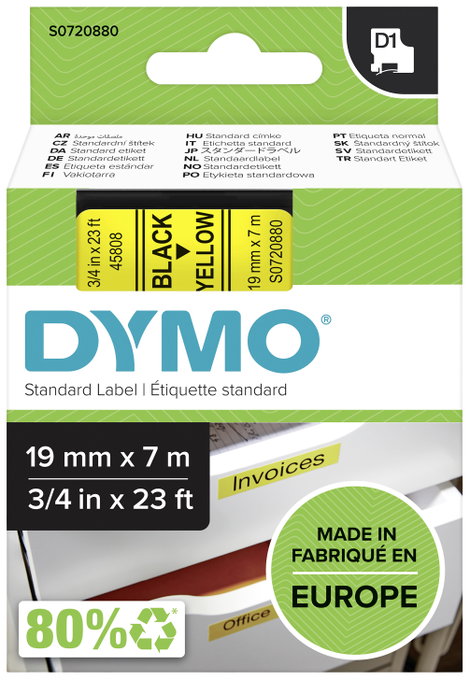 DYMO feliratozószalag D1, 19mm, sárga/fekete, S0720880
