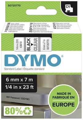 DYMO feliratozószalag D1, 6mm, átlátszó/fekete, S0720770