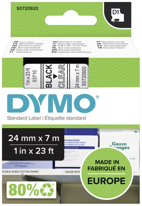 DYMO feliratozószalag D1, 24mm, átlátszó/fekete, S0720920