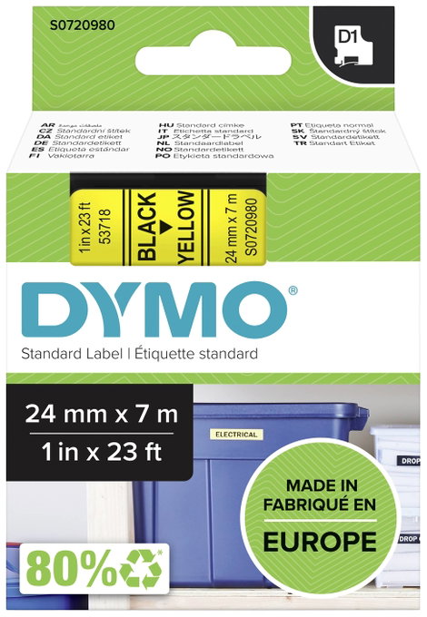 DYMO feliratozószalag D1, 24mm, sárga/fekete, S0720980