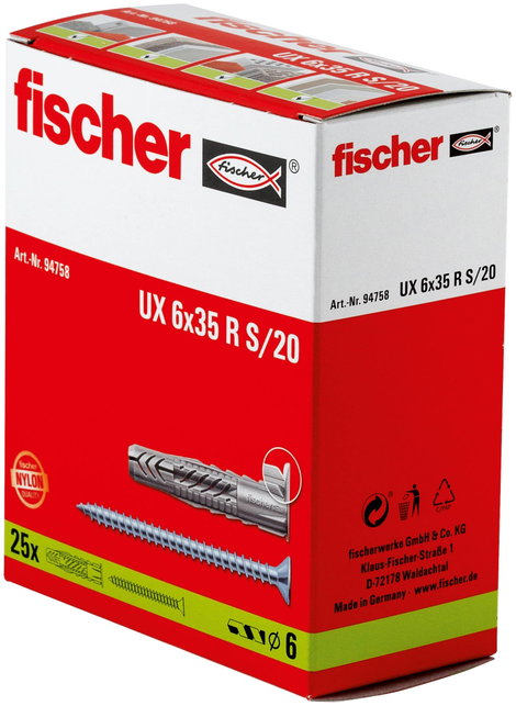 Fali tipli, dübel Fischer UX 6 x 35R S/20 35 mm 6 mm 94758 25 db