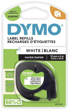 DYMO feliratozószalag LetraTag, 12mm, fehér/fekete, papír, S0721520