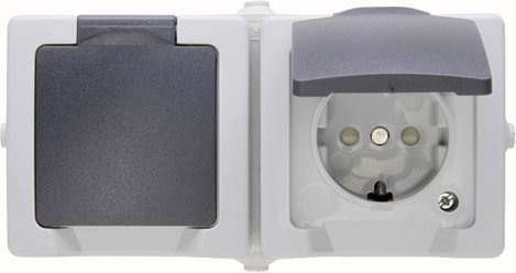 Kültéri falon kívüli konnektor, 2 aljzattal, fedéllel 230V/16A IP44, szürke, Kopp 137056002