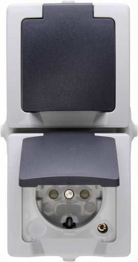 Kültéri falon kívüli konnektor, 2 aljzattal, fedéllel 230V/16A IP 44 védett, szürke, Kopp 136956008
