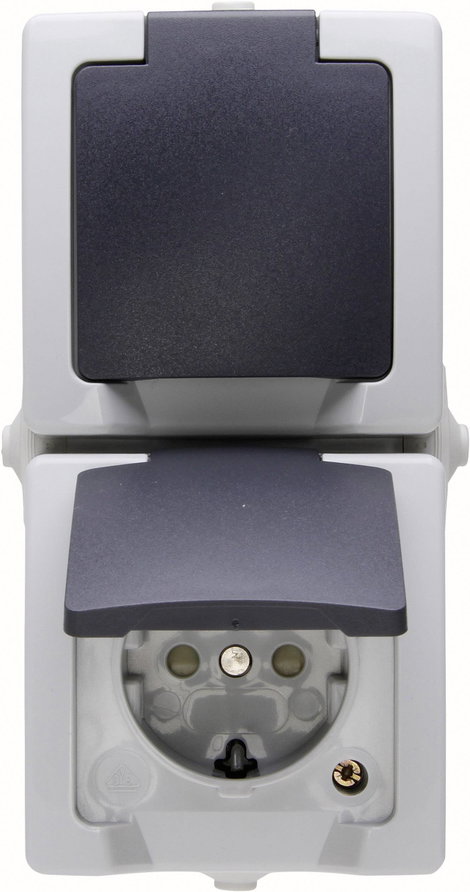 Kültéri falon kívüli konnektor, 2 aljzattal, fedéllel 230V/16A IP 44 védett, szürke, Kopp 136956008
