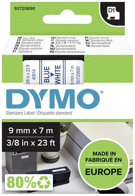 DYMO feliratozószalag D1, 9mm, fehér/kék, S0720690