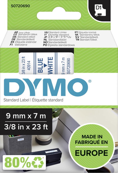 DYMO feliratozószalag D1, 9mm, fehér/kék, S0720690 2. kép