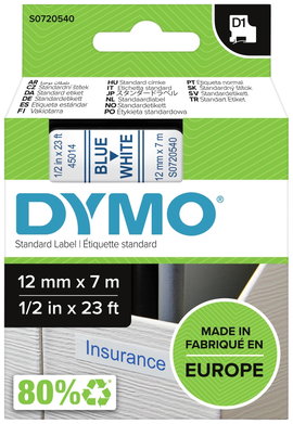 DYMO feliratozószalag D1, 12mm, fehér/kék, S0720540