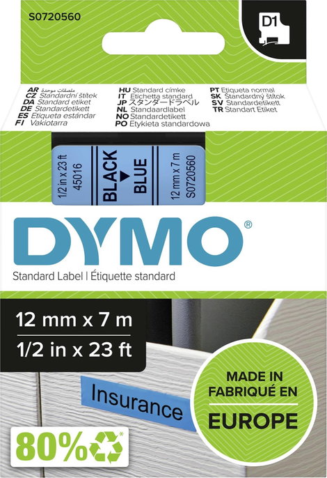 DYMO feliratozószalag D1, 12mm, kék/fekete, S0720560 3. kép