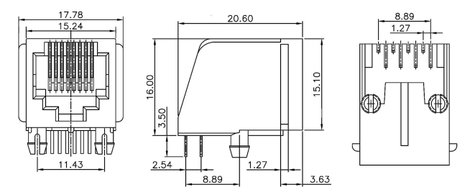 RJ45 aljzat, beépíthető, beforrasztható, fekete, econ connect MEB8/8P 2. kép