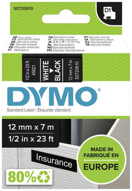 DYMO feliratozószalag D1, 12mm, fekete szalag,fehér betű S0720610