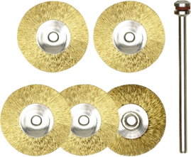 Kerek formájú réz csiszoló korong készlet, 5 db-os, drót korong, kefe Ø 22 mm/nyél Ø 2,35 mm, Proxxo