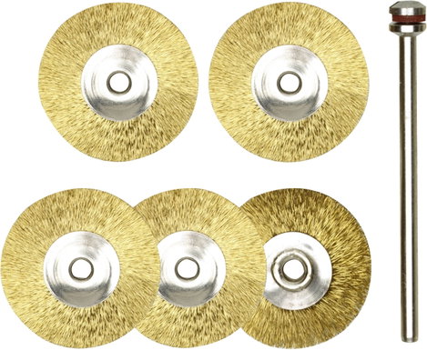 Kerek formájú réz csiszoló korong készlet, 5 db-os, drót korong, kefe Ø 22 mm/nyél Ø 2,35 mm, Proxxo
