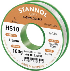 Forrasztóhuzal, ólommentes forrasztó ón Sn99,3Cu0,7 1,5mm Stannol HS10 2510