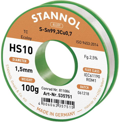 Forrasztóhuzal, ólommentes forrasztó ón Sn99,3Cu0,7 1,5mm Stannol HS10 2510