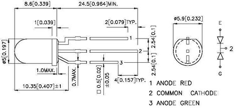 LED kétszínű,5MM 3PIN L-59EGW, BICOLOR 2. kép