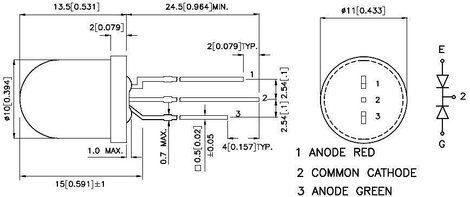 LED kétszínű, 10MM 3PIN L-819EGW, BICOLOR 2. kép