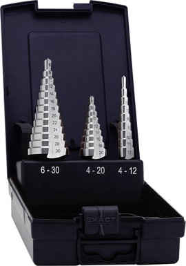HSS fokozatfúró készlet, 3 részes 6 - 30 mm, 4 - 20 mm, 4 - 12 mm Exact 05332