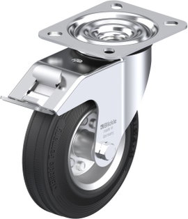Gumi kerék, acéllemez forgóvillás, kerékfékkel 125MM,felfogótalppal