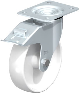 Poliamid kerék, acéllemez forgóvillás, kerékfékkel 175MM,felfogótalppal