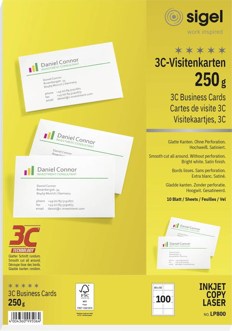 Sigel 3C látogatói kártyák, 85 x 55 mm, 250 g/m², 100 db, LP800