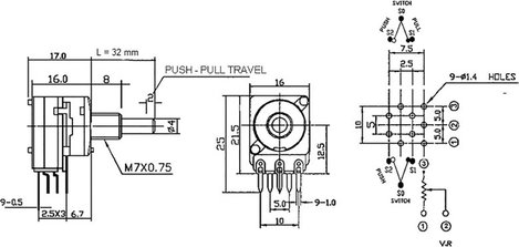 Potentiometer Service 63250-01402-5835/B10K Forgató potenciométer Nyomó-húzó kapcsolóval 0.2 W 10 kΩ 2. kép