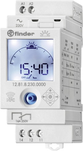 Okostelefonnal vezérelhető DIN sínes időkapcsoló óra 1 váltó 16 A 250 V/AC, Finder 12.81.8.230.0000