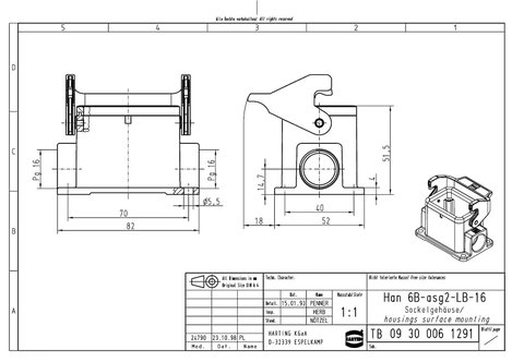 Tartozékok a 6-es mérethez B - Bázisház Han® 6B-asg2-LB-16 Harting Tartalom: 1 db 2. kép